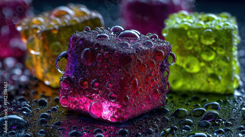 Macro close-up of vibrant, squishy neon jelly cubes resting on a rough, cold granite surface, hyper-realistic water droplets, high-contrast studio lighting, 8k, tactile texture focus