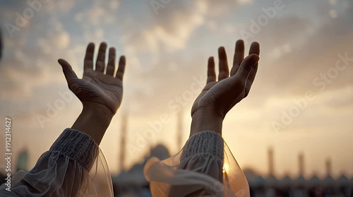 Hands raised in prayer at sunset with mosque silhouette