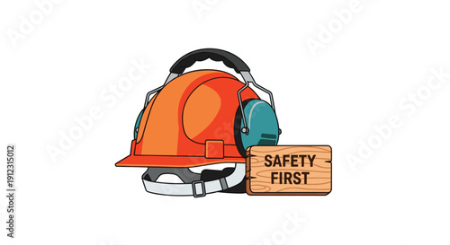 An orange hard hat with attached ear protectors sits beside a small wooden sign displaying the text SAFETY FIRST.