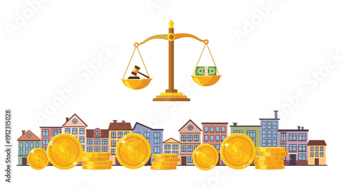 City skyline with buildings and gold coin stacks, topped by a balance scale weighing a gavel against money.