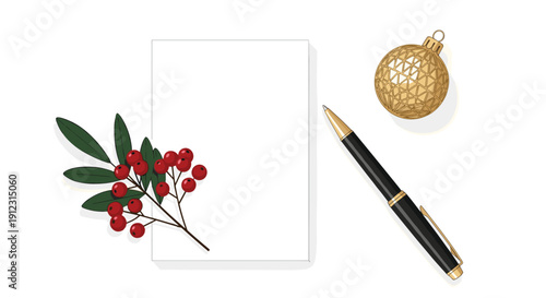 Blank white card with a pen, a gold Christmas ornament, and a holly branch with red berries on white.