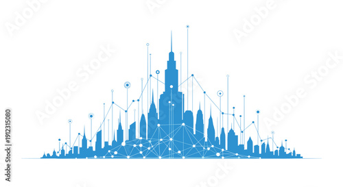 Blue silhouette of a futuristic city skyline with connected lines and data points radiating upward on a white background.