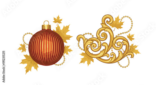 Festive autumn ornament set featuring a red striped bauble and an ornate golden baroque scroll, both adorned with maple leaves and golden beads.