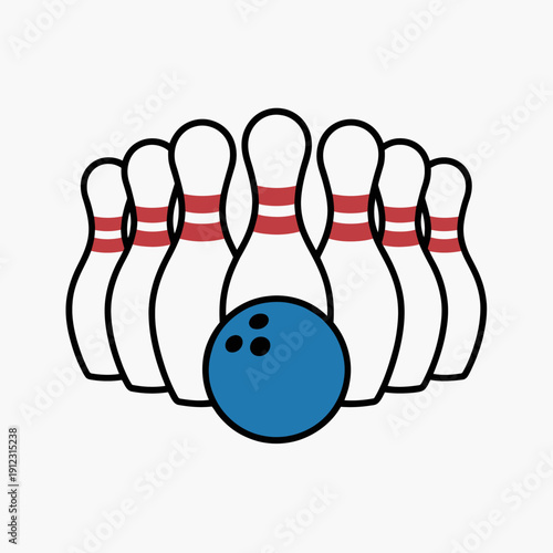 A blue bowling ball is positioned in front of a neatly arranged set of white pins with red stripes.