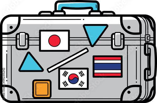 Vintage suitcase with international travel stickers and flags