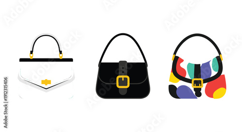 Three minimalist women's handbags: white flap, black satchel, and a colorful abstract design, displayed on white.