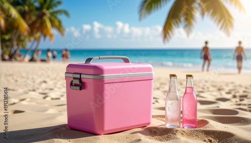 Portable cooler with cold drinks on sand beach