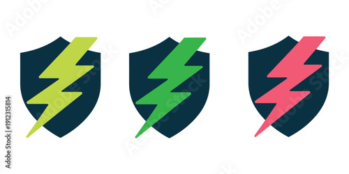 A set of colorful shield logos with lightning bolts, symbolizing protection and energy.