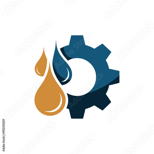 A stylized logo featuring a gear and water droplets in shades of blue and orange.
