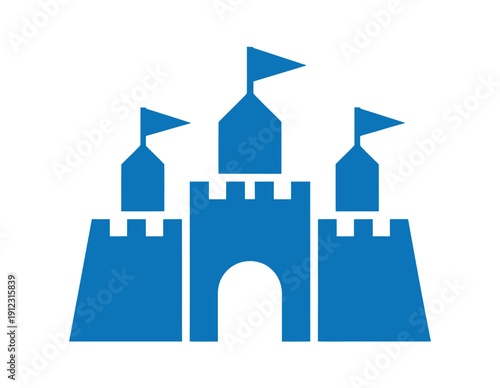 A blue sandcastle icon with three towers and flags on a white background