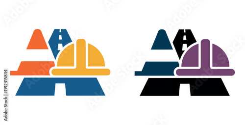 A colorful graphic illustration of construction safety symbols and hard hats in various colors.