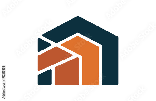 A modern house logo with a stylized roof and abstract design elements in orange and dark blue colors.