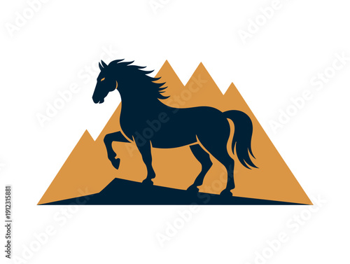 A dark blue silhouette of a horse standing in front of a golden mountain range on a white background
