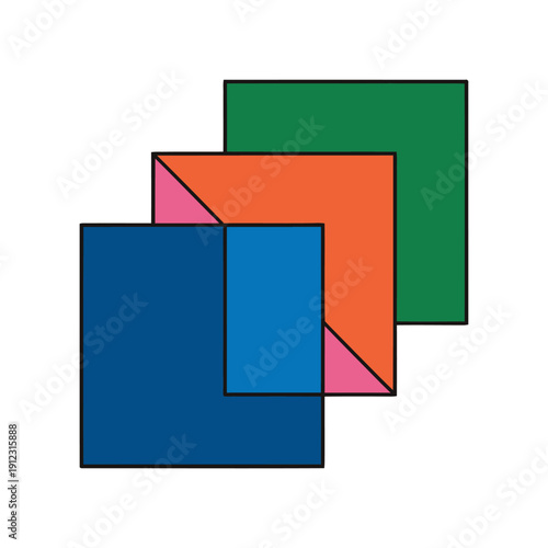 A colorful graphic design of overlapping squares in different colors and sizes on a white background