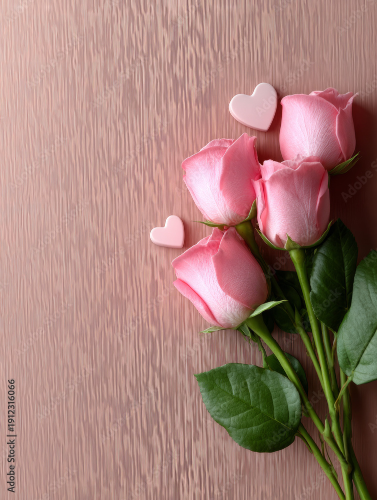 Fototapeta premium Pink roses with heart decorations on textured background