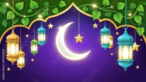 Decorative Ramadan background with hanging lanterns, stars, a crescent moon, and lush green vines