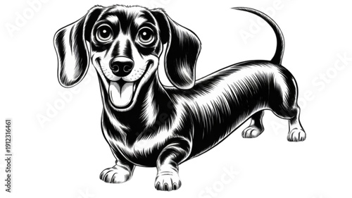 Black and white dachshund dog standing isolated on transparent background.