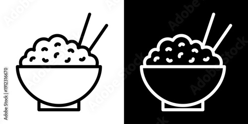 Rice bowl icon with chopsticks in outline style. Minimal black and white vector symbol of Asian food for restaurant menus, delivery apps and food branding.