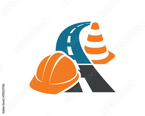A graphic illustration of a construction site with a hard hat, road, and traffic cone.