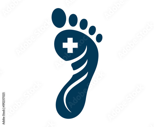 A medical logo featuring a blue footprint with a white cross on a clean white background