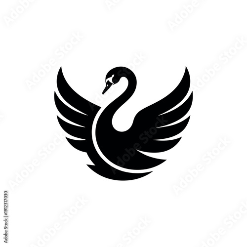 A black swan logo with wings spread wide on a white background
