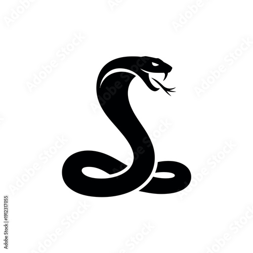 A black snake with an open mouth is coiled on a white background