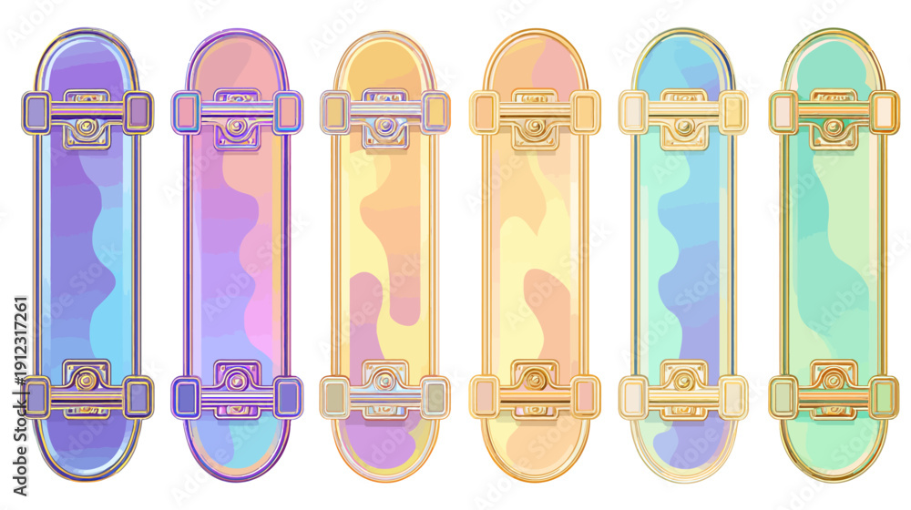 Fototapeta premium Six colorful illustrations of skateboards with a watercolor-like design and golden accents
