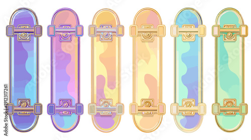 Six colorful illustrations of skateboards with a watercolor-like design and golden accents