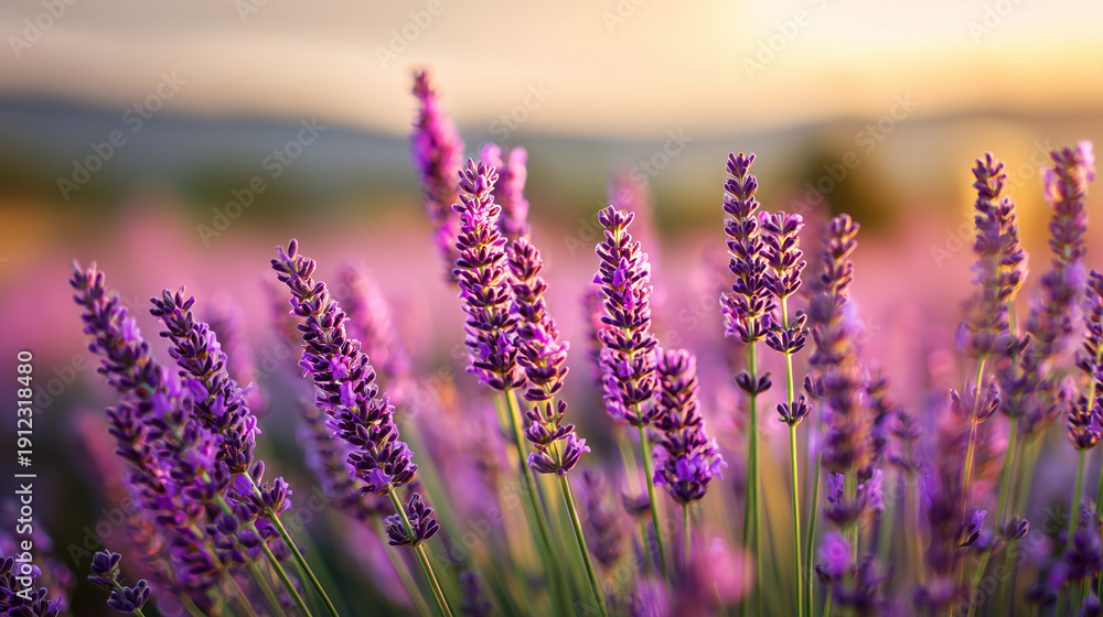 Obraz premium Lavender flowers at sunset with soft golden light. Aromatherapy and relaxation concept. 