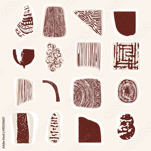 Organic abstract hand drawn texture icon collection accent illustration. Isolated vector motif grunge broken scratched flecked texture design. Quirky urban modern stylised sticker icon element set