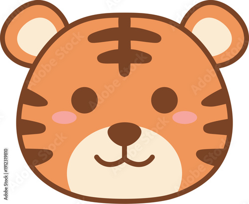 Adorable tiger cub face vector. Minimalist wild cat character with bold outlines, perfect for preschool educational content, nursery graphics, and lunar new year stickers.
