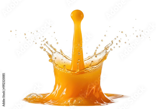 A dynamic, high-speed splash of pulpy orange juice with bubbles and droplets, frozen in a crown shape against a white background. Concept for beverage advertising