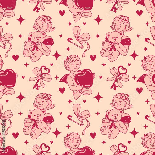 A sweet and naughty seamless pattern with winged mischief angels and lovely girls. Pink, ivory white, and scarlet tone background with a flirty coquette vibe.