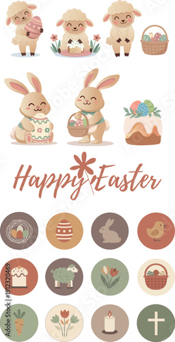 Easter Boho Clipart Set – Bunny, Lamb, Baskets, Eggs and Traditional Kulich