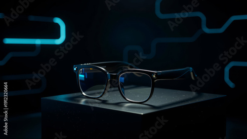 Black, rectangular eyeglasses with clear camera lenses and thick, glossy frames, centered on a matte black pedestal.