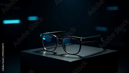 Camera Glasses n black with a slight cat-eye shape, placed on a dark rectangular pedestal. The glasses have a glossy finish with thin metal accents on the temples. 