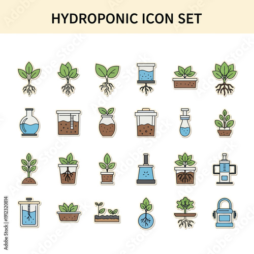 Hydroponic Plant Icons in Laboratory Equipment.