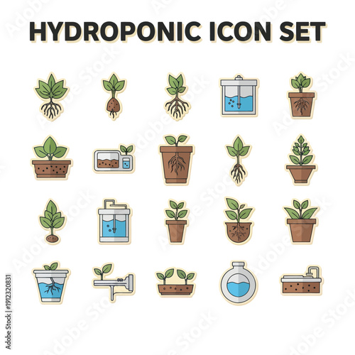 Hydroponic System Icons with Plants and Equipment.