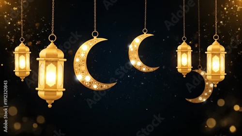 Golden Ramadan lanterns and crescent moons shimmering on a dark background with bokeh lights