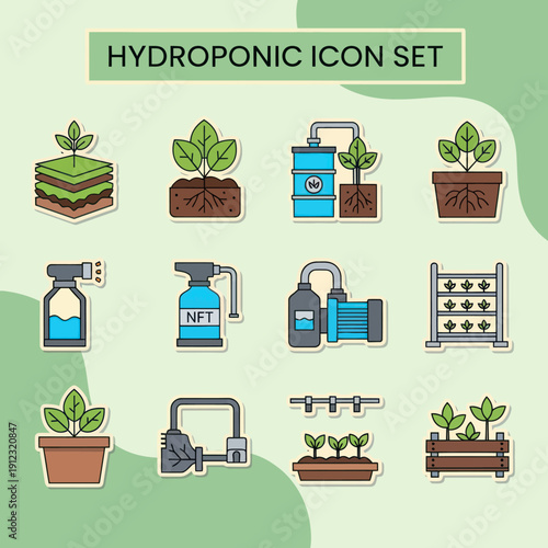 Hydroponic System Icons with Various Components.