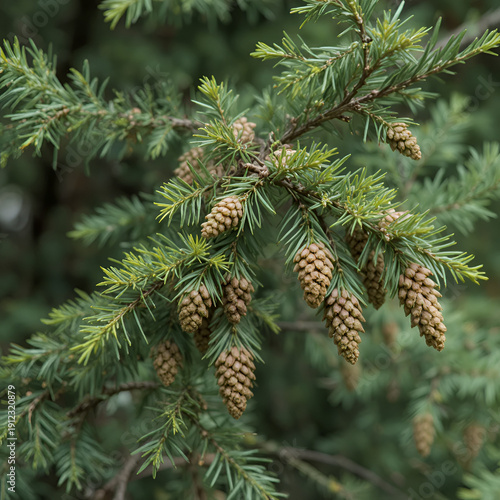 Tsuga heterophylla conifer or western hemlock tree closeup with hanging little cones