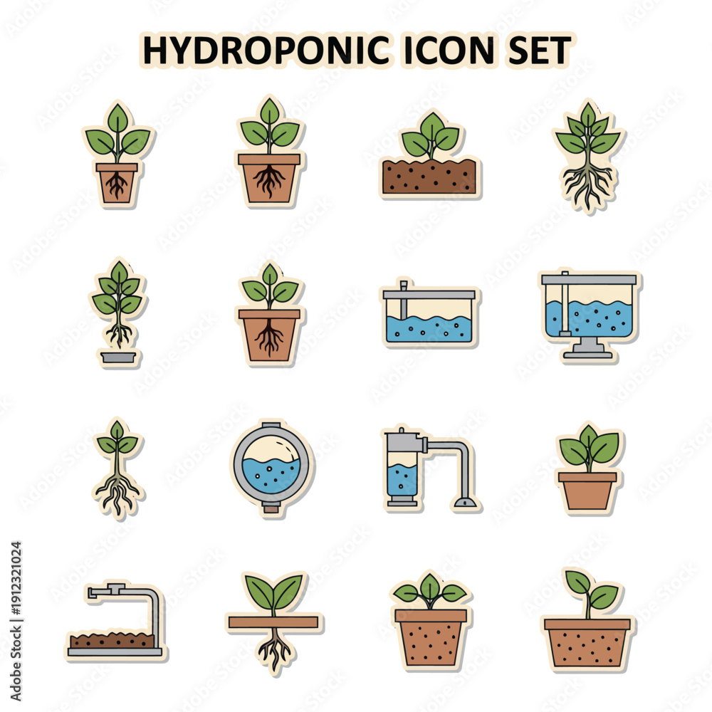 Fototapeta premium Hydroponic System Icons Set Vector Illustration.