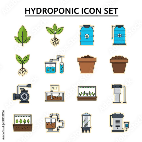 Hydroponic System Icons Set for Agriculture.