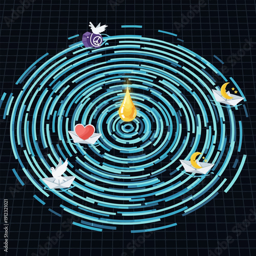 Abstract circular pattern with symbolic elements like hearts, doves, and moons