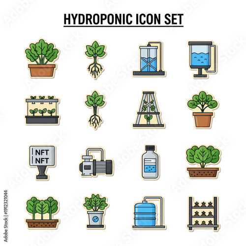 Hydroponic System Icons Set with Plants.