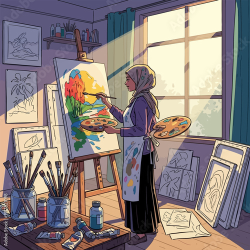 Artist painting on canvas in a sunlit studio with art supplies scattered around