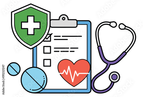 medical clipboard with a stethoscope and pills on a clean background, representing healthcare documentation, clinical diagnosis, patient care, medical professionalism, treatment planning, and hospital