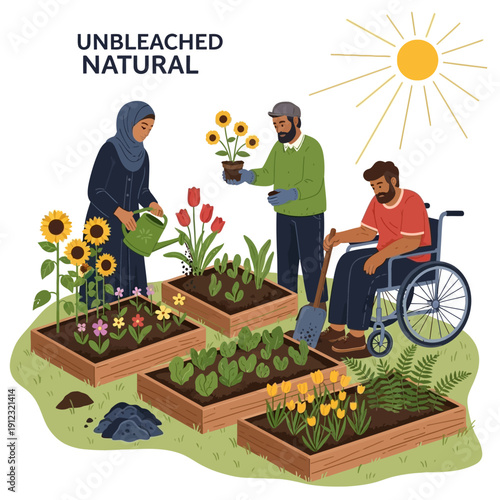 Diverse people gardening together in raised beds sun sunflowers tulips