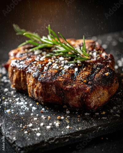 A thick, juicy ribeye steak with a perfect crust sits on a dark stone plate, accented by coarse sea salt and fresh rosemary under intense lighting that highlights its rich, savory textures