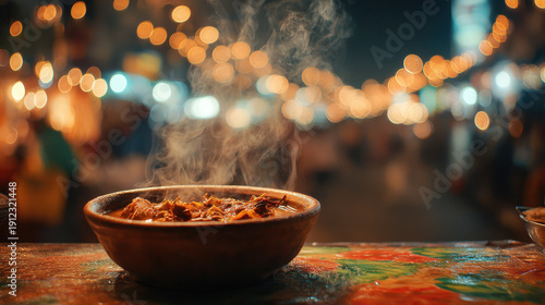 A steaming bowl of Vietnamese Pho glistens under neon market lights, its aromatic broth swirling with rich spices and rising heat